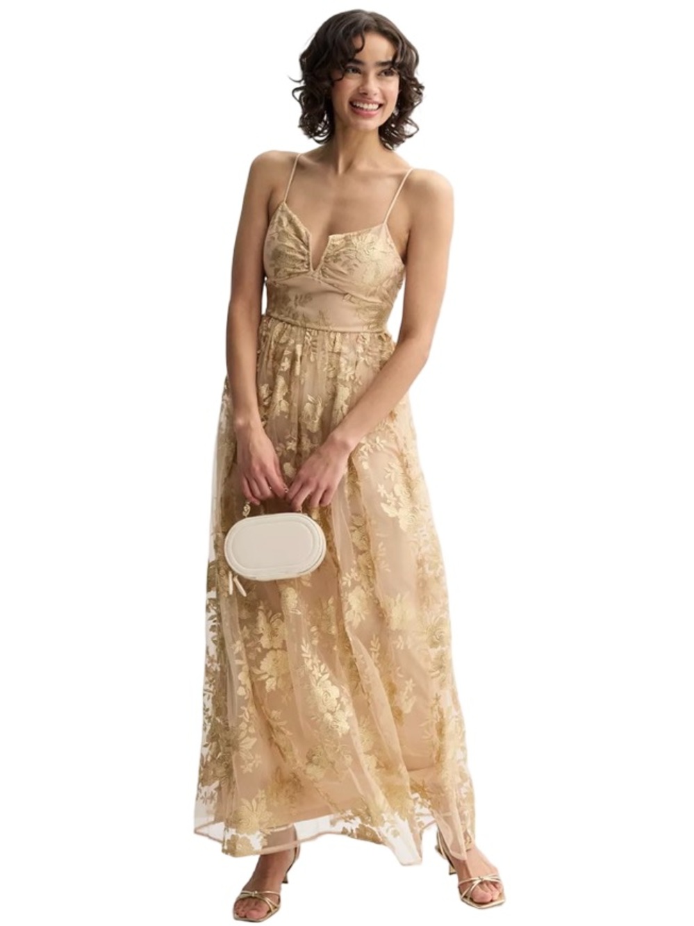 Jump | Women’s Gold Floral Lace Maxi Dress with Spaghetti Straps | NWT | 1/2